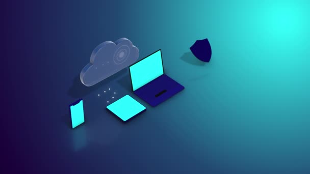 A group of gadgets synchronyzing data with cloud over blue background. - Footage, Video
