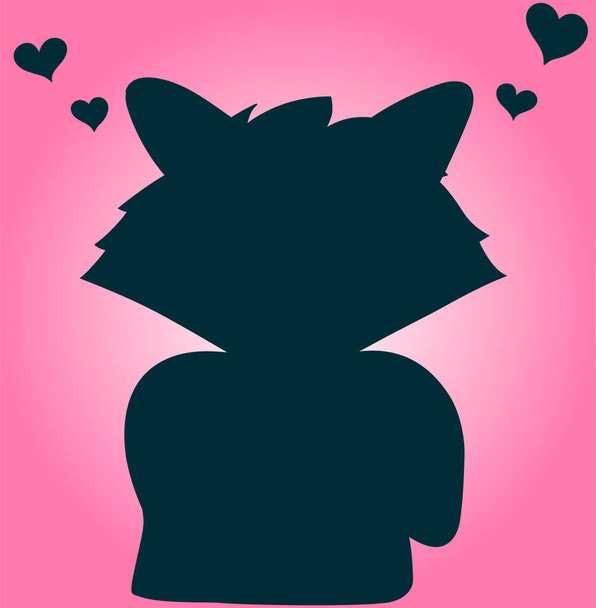 Vector illustration of animal silhouette with love hearts for postcard, wallpaper, cover, background. Dark raccoon silhouette on the pink background for tattoo. - Vector, Image