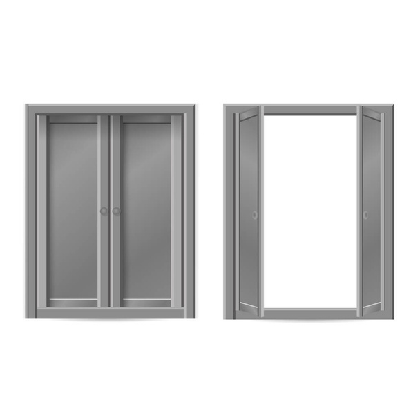 Zestaw szarych drzwi izolowanych na białym tle. Ilustracja 3D / renderowanie 3D - koncepcja dwóch drzwi. Szare klasyczne zamknięte drzwi izolowane na białym tle. Drewniany zestaw drzwi do aranżacji wnętrz - Wektor, obraz
