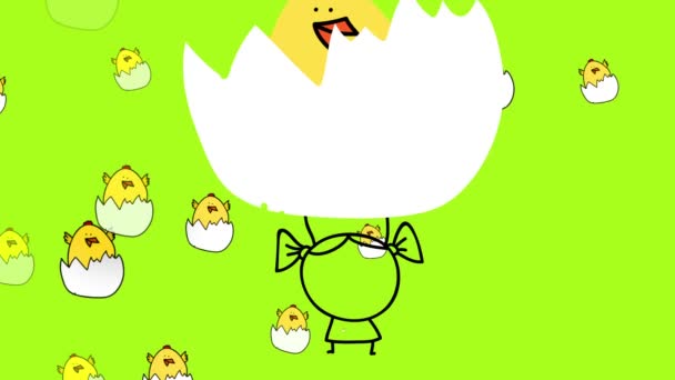 Linear Scaling Animation Of Baby Chicks Coming Out Of Their Eggshells Appearing And Disappearing In The Background While A Little Happy Girl Drawing Appears In The Middle Holding One Above Her Head - Footage, Video
