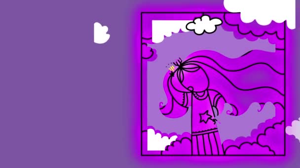 Escalonamento fácil abrandar com animação de efeito de primavera de doce princesa de cabelos compridos segurando uma estrela formando com cores caindo em uma figura delineada em um quadrado isolado criando imagem semelhante a uma capa de livro de história para dormir
 - Filmagem, Vídeo