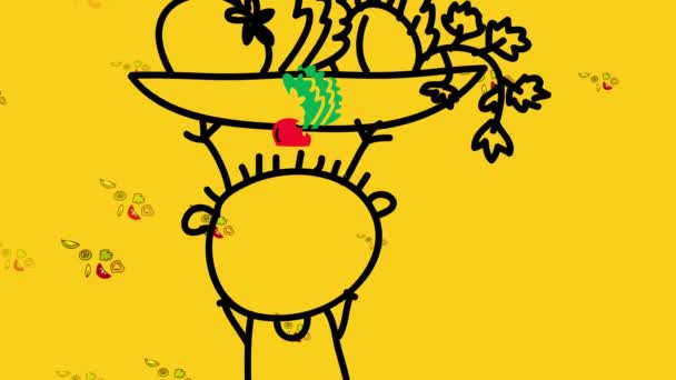 Γραμμική κλιμάκωση Animation των λαχανικών και των φρούτων όλων των ειδών Fading και αναδύεται πίσω από έναν άνθρωπο που κρατά ένα μπολ με υγιεινά προϊόντα που υποδηλώνει ότι του αρέσει να προσθέτει πολύχρωμο φαγητό στην καθημερινή του διατροφή - Πλάνα, βίντεο