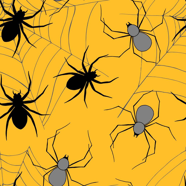 Zökkenőmentes minta Halloween, pókok és pókháló, dísz tapéta és szövetek, csomagolópapír, háttér különböző tervek, scrapbooking - Vektor, kép