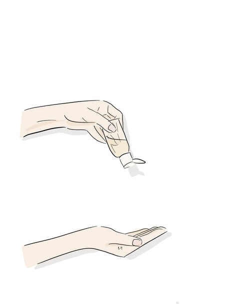 Hände mit Händedesinfektionsmittel Gel Pumpspender oder Alkohol zum Schutz Covid-19 Virus oder Coronavirus Illustration Skizze Doodle Hand gezeichnet isoliert auf weißem Hintergrund - Foto, Bild