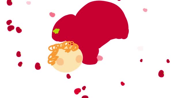 Lineaire snelheid verminderen beweging van jonge jongen en meisje met de hand getrokken lichamen en haar wordt opgewonden tijdens het spelen met een enorme rode hart gevormd tomaat met kleine tomaten vliegen op de achtergrond - Video