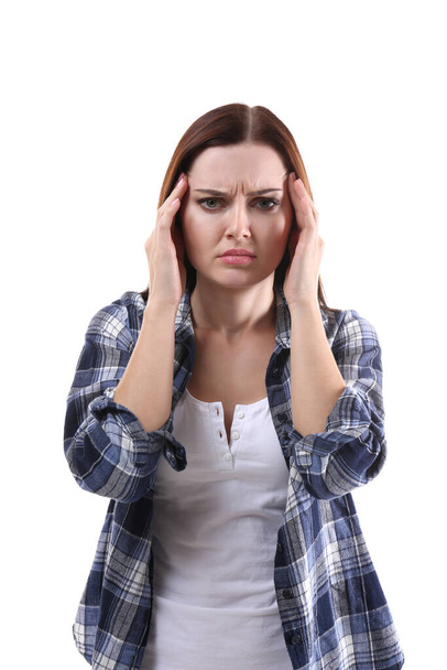 Giovane donna che soffre di mal di testa su sfondo bianco - Foto, immagini