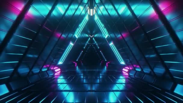 Abstrakcyjny niekończący się lot futurystycznym geometrycznym metalowym korytarzem wykonanym z trójkątów. Nowoczesne niebieskie oświetlenie neonowe. Płynna pętla 3d renderowania - Materiał filmowy, wideo