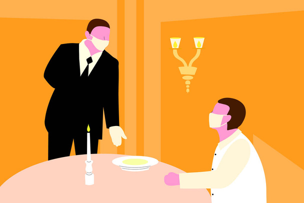 Waiter wearing a mask and gloves and serving the restaurants guests.Applying safety measures (Covid-19 or coronavirus). - Vector, Image