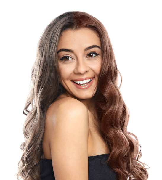 Beautiful woman before and after hair coloring on white background  - Foto, Imagem