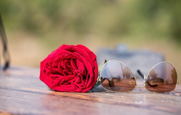 Rose and Sun Glasses Valentine day Concept - Φωτογραφία, εικόνα