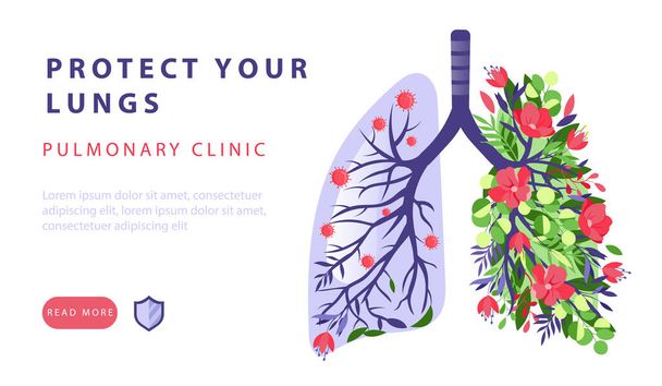 Pojęcie kliniki płucnej. Ludzkie płuca. Strona internetowa Landing Page. Reklama Medycyny Płucnej. Metafora organów wewnętrznych z zainfekowanymi i zdrowymi płucami. Strona internetowa Ilustracja wektora płaskiego kreskówki - Wektor, obraz