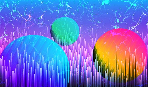 Digital Synthwave Technology Background with Abstract Circle Planets, Futuristic 80s SciFi Style, Retrowave 1980s Banner, Retro Wave Elements with Cyber Punk Aesthetics, Vector Illustration Art Design - Vector, Image