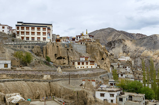 Hindistan 'ın başkenti Ladakh' ın başkenti Leh Panoraması Himalayalar 'da. Yeşil bir vadi etrafında geleneksel çamurdan evler - Fotoğraf, Görsel