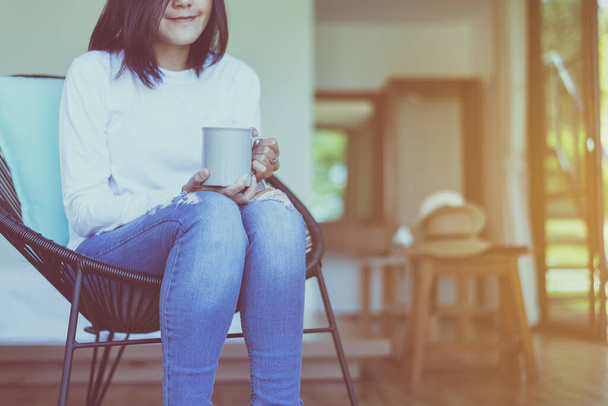 Happy asian woman drinking hot coffee in bedroom at home,Coffee break,Take a break,Relax time - Φωτογραφία, εικόνα