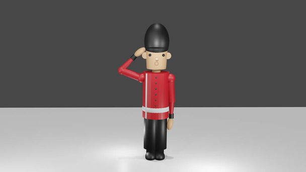 Британський солдат 3D іграшки, одягнений у формальну форму, стояв, щоб шанувати його пошану. стрілянина на передньому плані. - Фото, зображення