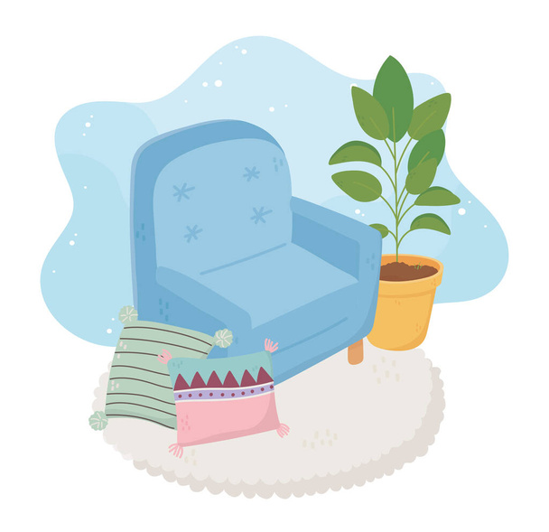 sladké domácí křeslo polštáře koberec a květináč rostlina - Vektor, obrázek