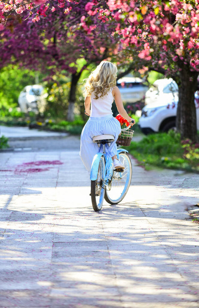 Spring holiday. woman ride vintage bicycle. romantic girl under sakura blossom. beautiful spring season nature. cherry tree blooming flowers. pink blossoming sakura. relax in park. fashion and beauty - Foto, Bild