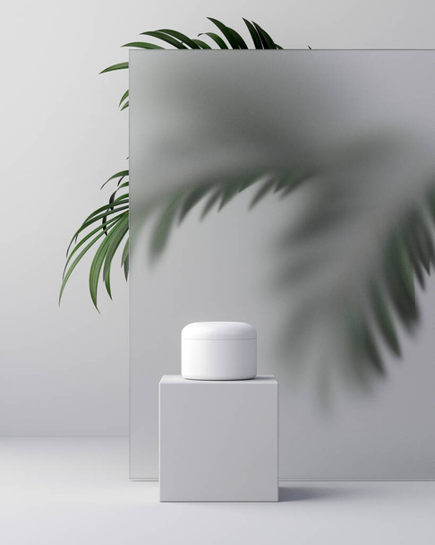 White design of natural cosmetic cream , serum, skincare blank bottle packaging with leaves herb, bio organic product. beauty and spa concept. 3d illustartion - Photo, Image