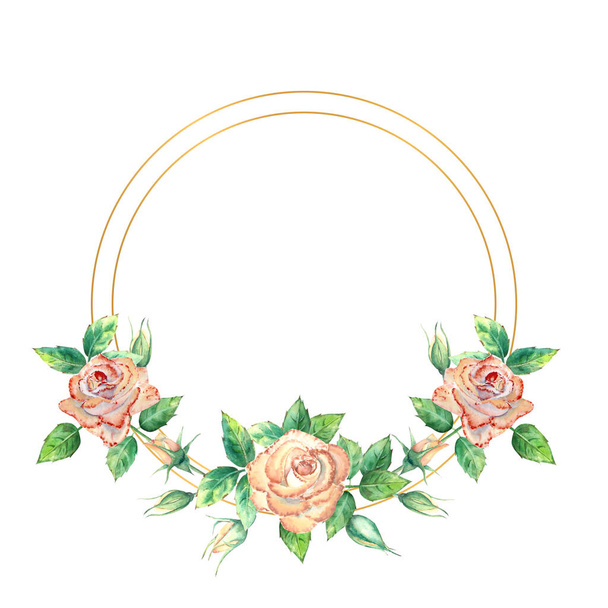 Arany geometrikus keret díszített virágok. Barack rózsák, zöld levelek, nyitott és zárt virágok. Akvarell illusztráció. - Fotó, kép