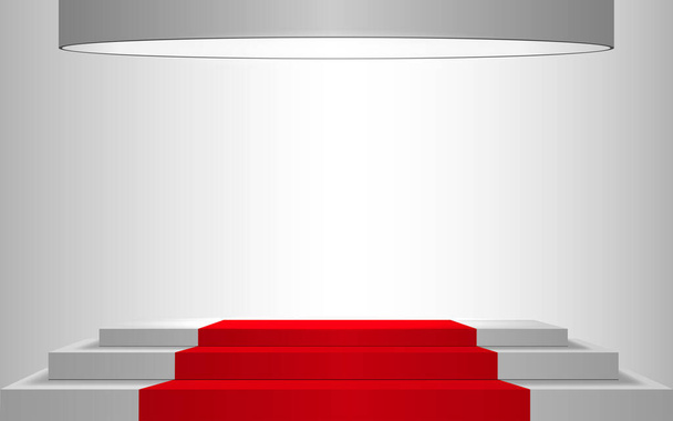 白い部屋にスポットライトのついた白いカーペットと表彰台の赤いカーペット - ベクター画像