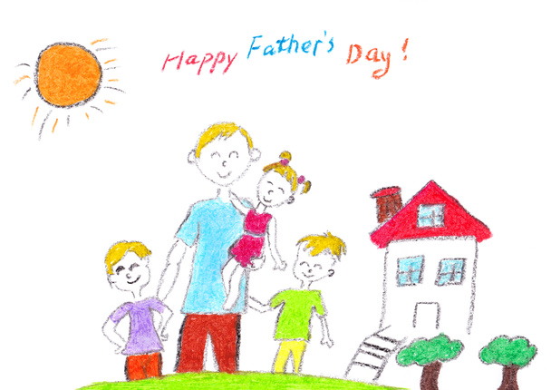 Παιδική ζωγραφιά με καρτελάκι της Ημέρας του Πατέρα, με λευκό φόντο και αντίγραφο χώρου - Φωτογραφία, εικόνα