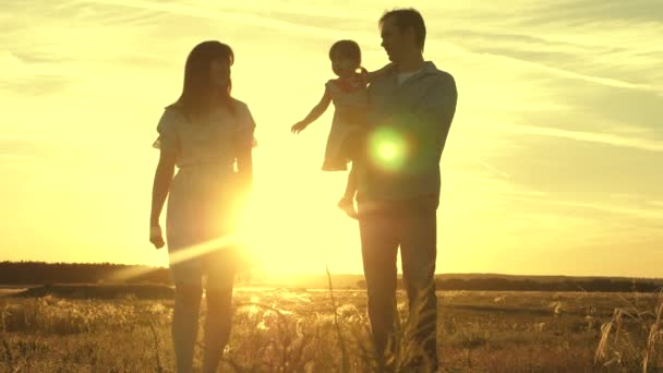 Happy child plays with father and mother in the field. The concept of family and children. Dad and mother with her beloved daughter in her arms are walking in the park at sunset. - Footage, Video