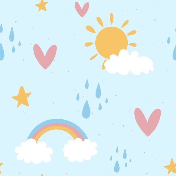 children illustration, rainbow, sun and clouds, heart and stars over blue sky. picture for kids book or calendar. summer weather concept. rain drops over sky. good weather. wallpaper or print seamless - Foto, afbeelding