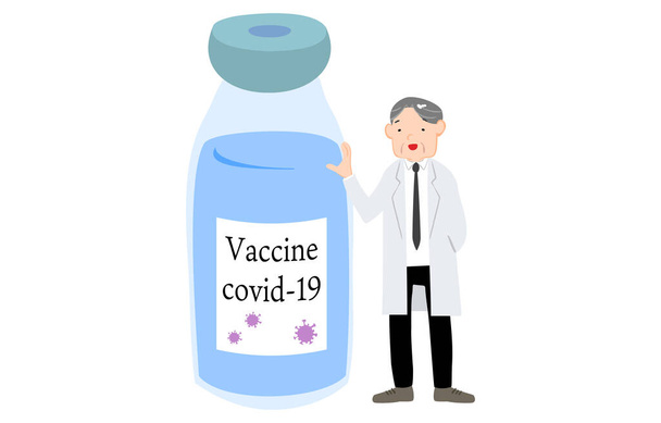 Иллюстрация человека в белом халате с коронавирусной вакциной
 - Вектор,изображение