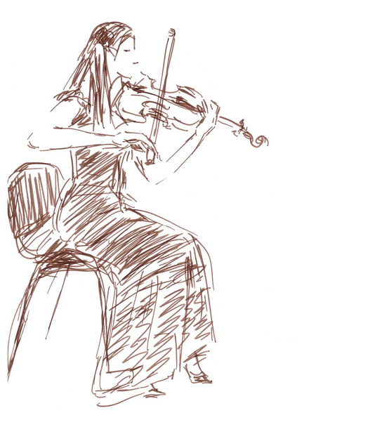 dibujo gráfico lineal chica tocando el violín sentado en una silla sobre un fondo blanco
 - Foto, imagen