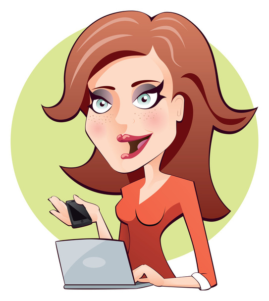 Redhead woman working on a computer and holding a mobile phone. - Vector, Image