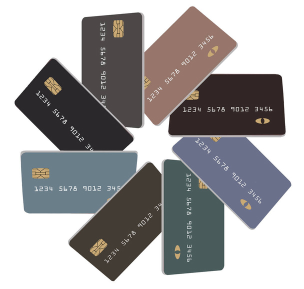 Credit cards, eight of them are arranged in a circular formation with an eight pointed star in the middle. They are generic, mock, safe for publication and isolated on white background. - Photo, Image