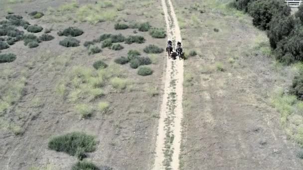Zwei Männer auf Pferden, die einen Pfad hinunterreiten, Drohnenaufnahme aus der Luft - Filmmaterial, Video