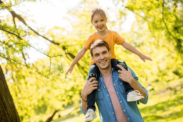 Cute little girl sitting on father shoulders in the park on a sunny day - Photo, Image