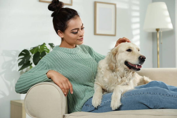 Young woman and her Golden Retriever on sofa at home. Adorable pet - Photo, Image