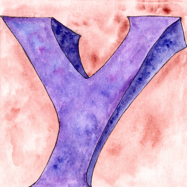 illustration de la lettre Y de l'alphabet anglais et latin et de la lettre U de l'abc russe avec texture aquarelle, symbole de police Y. Lettrage violet élément isolé sur rouge
. - Photo, image