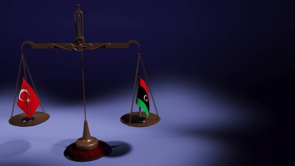 バランスの鉢の上のトルコとリビアの旗は、青い背景で拡大します。3Dレンダリング - 写真・画像