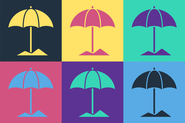 Pop Art Sonnenschirm für Strandsymbol isoliert auf farbigem Hintergrund. Großer Sonnenschirm für den Außenbereich. Sonnenschirm. Vektorillustration - Vektor, Bild