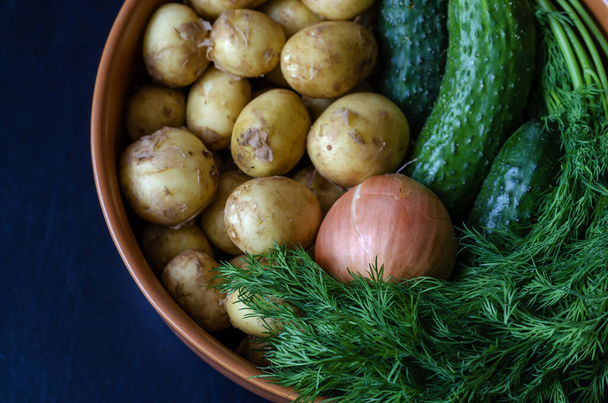 Freshly harvested vegetables in a clay bowl. Dill, cucumbers, potatoes and onions. Self-grown vegetables. View from above. Close-up. - Foto, Bild