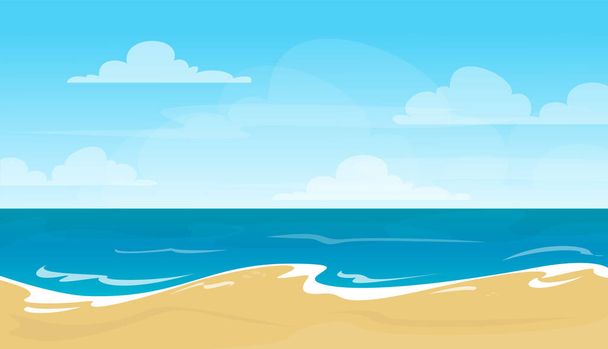 Ilustración vectorial de playa vacía de verano. Hermosa vista sobre el mar y el cielo. Línea costera tropical. Vacaciones en el paraíso. Relajación exterior. Mensaje de fondo
 - Vector, imagen