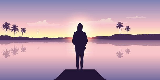 samotna dziewczyna nad oceanem o zachodzie słońca z widokiem na góry i palmy - Wektor, obraz