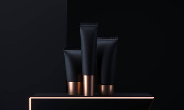 Cosmetic tubes mock up set. Cosmetic packaging tube. Make up blank face cream tube. Trendy black gold realistic beauty products on dark background. Skin or hair care. 3d rendering - Zdjęcie, obraz