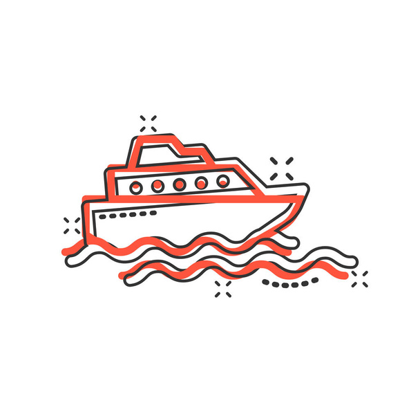 Tourism ship icon in comic style. Fishing boat cartoon vector illustration on white isolated background. Tanker destination splash effect business concept. - Vector, Image
