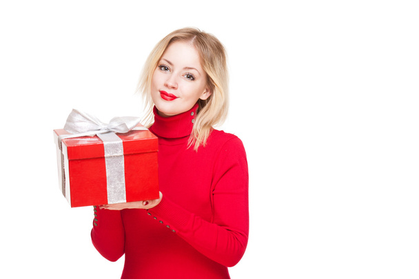 Festive blond with gift box. - Valokuva, kuva