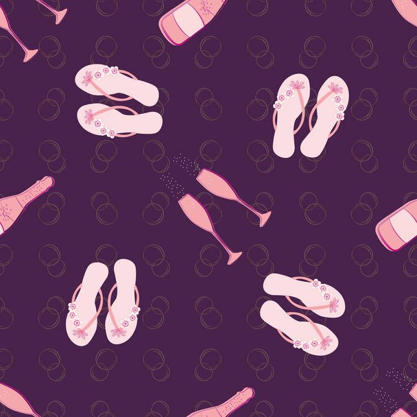 Vector Sektgläser, Flaschen und Flip-Flop-Schuhe Vektor nahtlosen Muster Hintergrund. Pinkfarbene Sekt-Ikonen, Sandalen-Hintergrund. Überall Druck für Strand, Junggesellenabschied, Festkonzept - Vektor, Bild