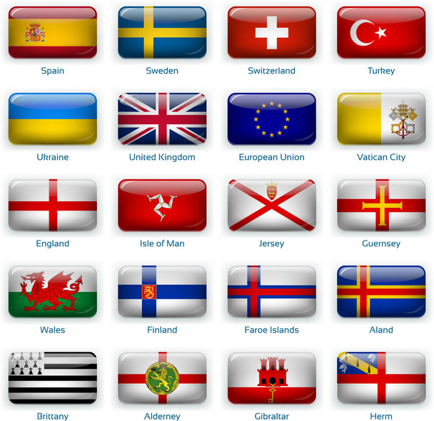 Набор из двадцати флагов в стиле кнопки. Европа три из трех
. - Вектор,изображение