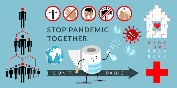 Não entre em pânico infográficos de prevenção de coronavírus com caráter de papel higiênico fazendo tratamento antiviral
 - Vetor, Imagem