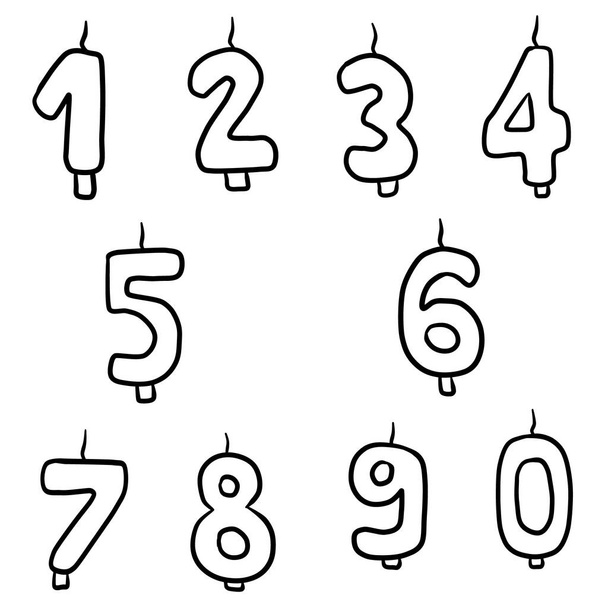 Set di candele a forma di numeri isolati su sfondo bianco. Semplice illusatazione vettoriale doodle in stile contorno cartone animato. Decorazione per la torta di compleanno, felice anno nuovo, anniversario, celebrazione
 - Vettoriali, immagini