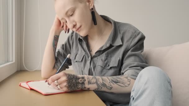 Young beautiful girl with dreadlocks indoors writing notes - Felvétel, videó