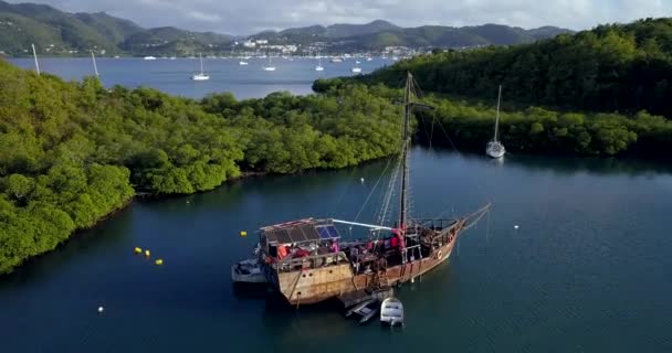 4K Footage of the Aerial View to the Martinique Marina Bay with the Old Pirate Boat in the Clear Blue Water, Caribbean Islands - Footage, Video