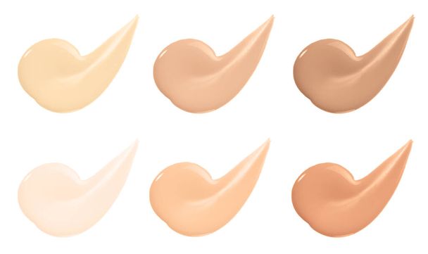 Beige nude liquid foundation set, concealer smear smudge drop. Collection different tones bb cream swatch sample isolated on white. Cosmetic liquid foundation, concealer or moisturizer. Macro, banner - Photo, Image